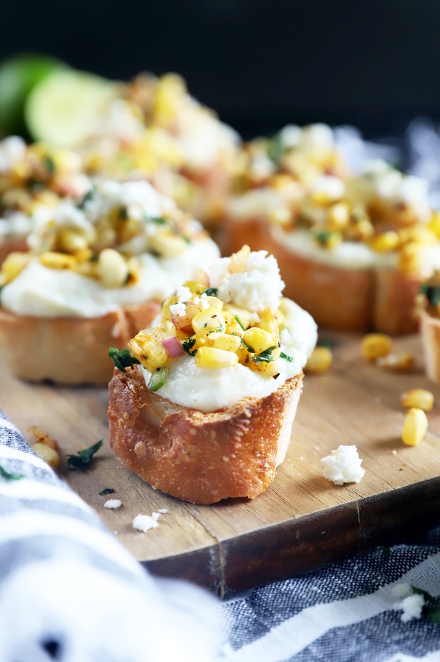 Side photo of grilled mexican corn crostini
