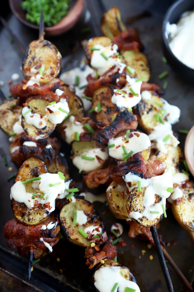 Image of grilled bacon potato skewers