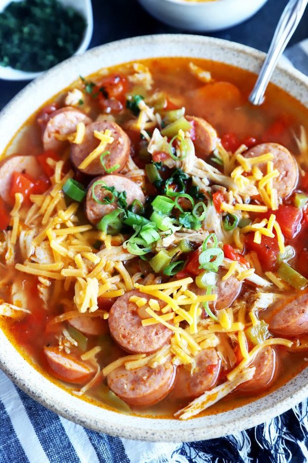 Chicken sausage soup photo in a bowl