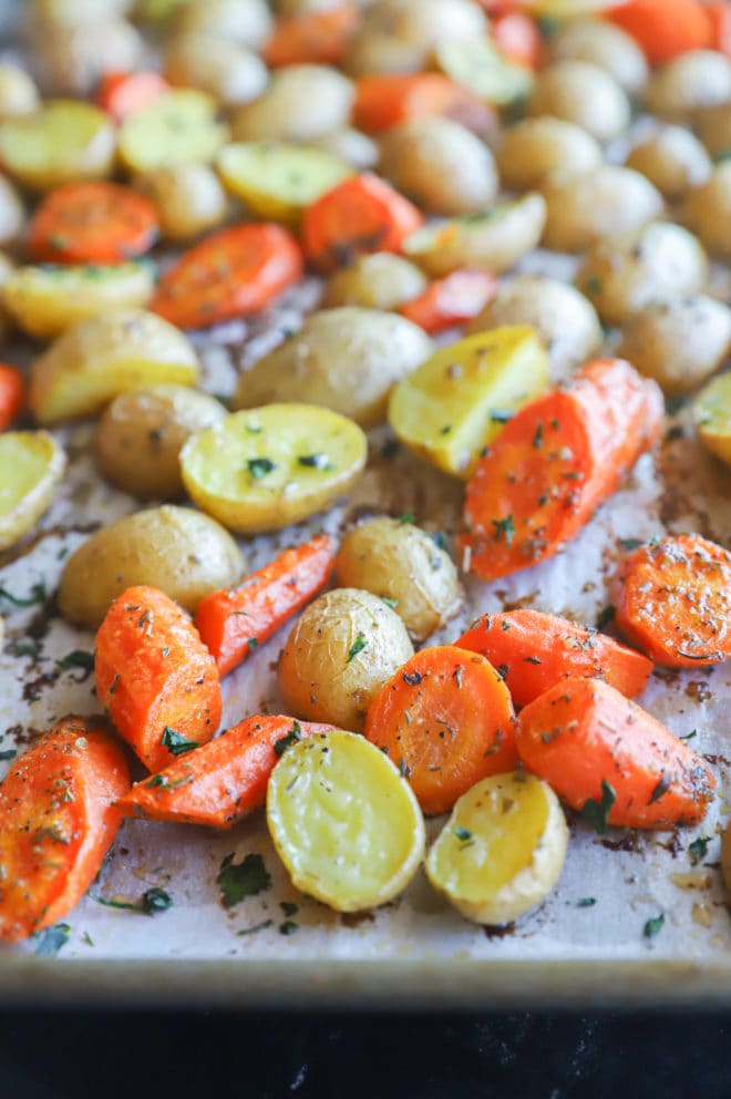 Carrots and potatoes on a sheet pan image