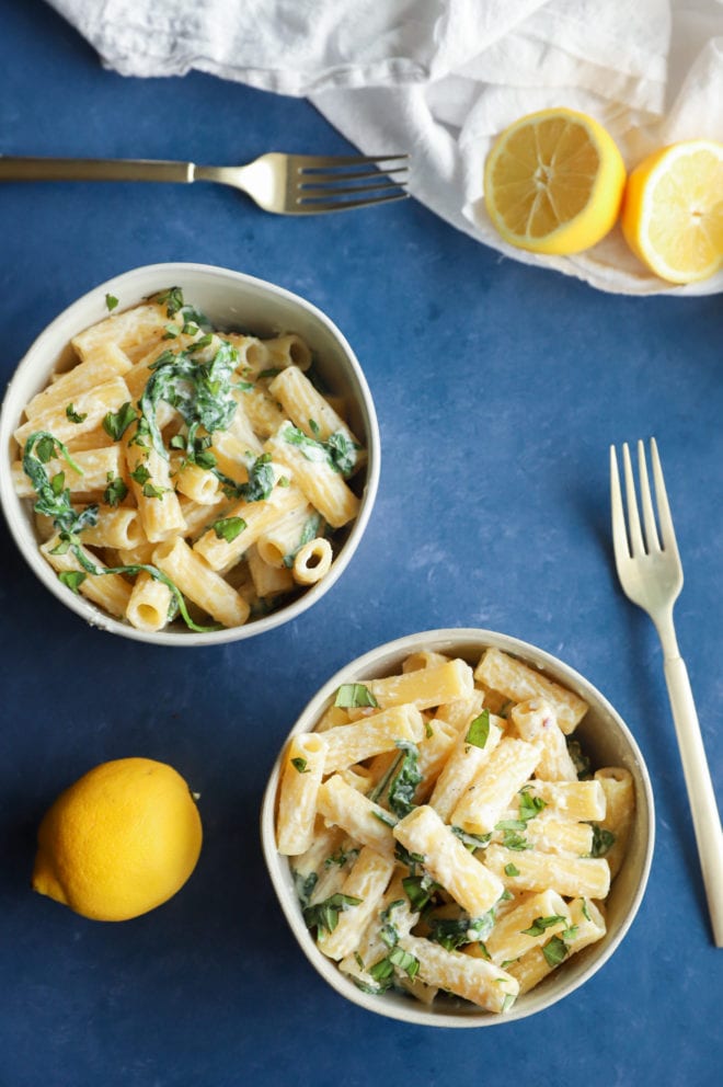 Overhead image of lemon ricotta pasta in bowls