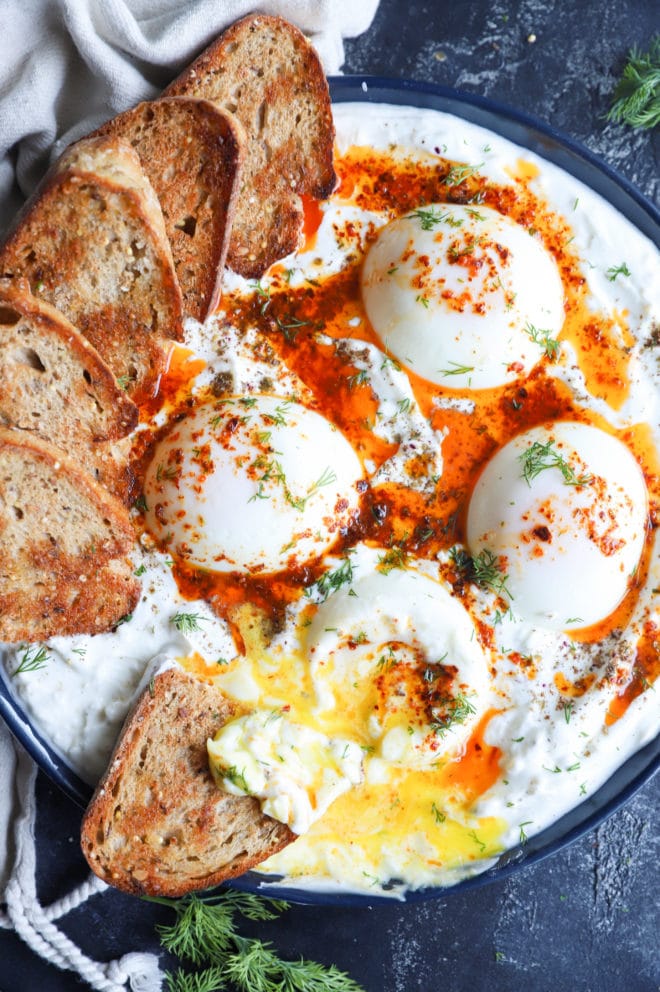 Overhead picture of poached eggs and bread