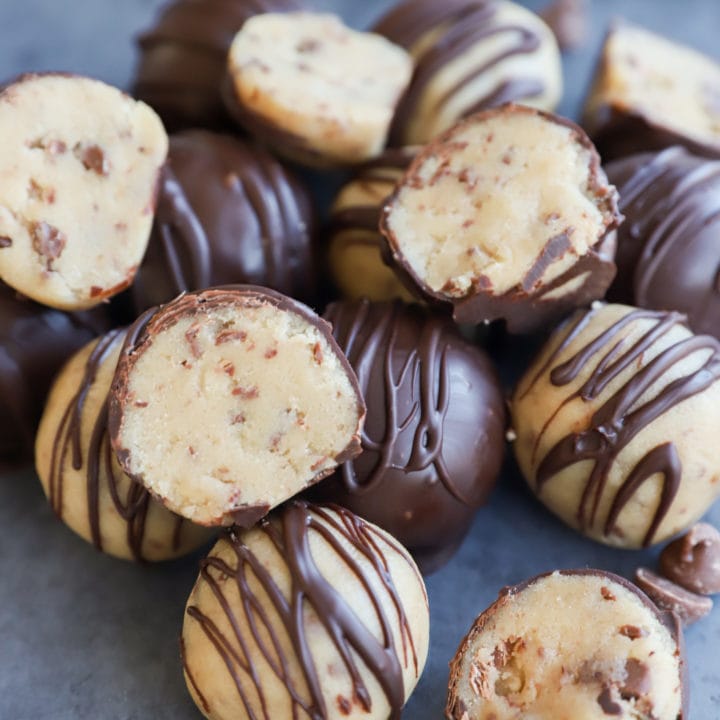 Cookie Dough Bites in a pile with chocolate chips picture