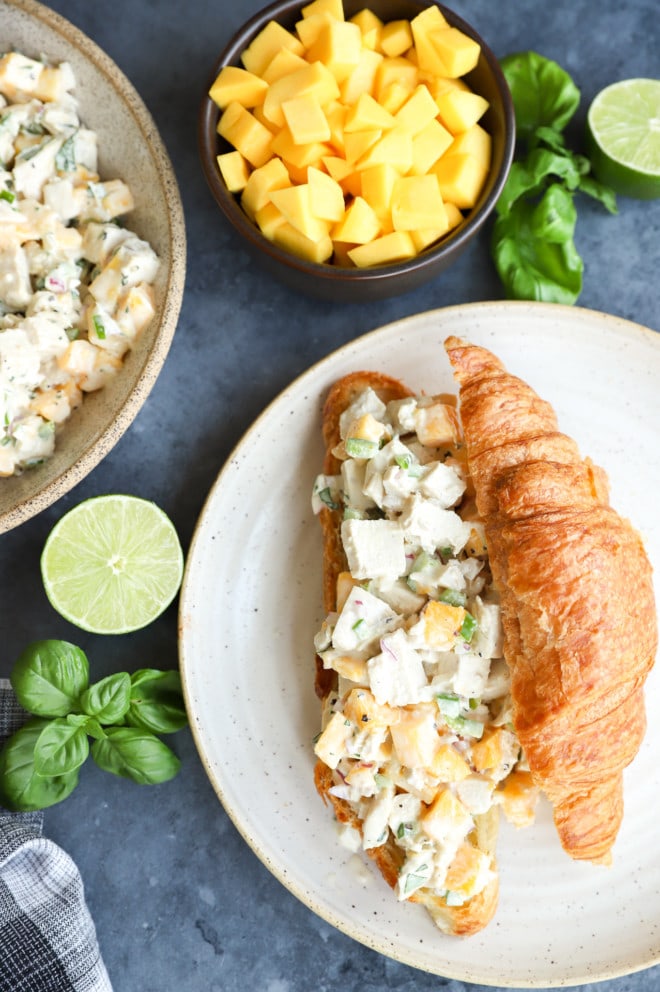 Overhead image of croissant sandwich with mango