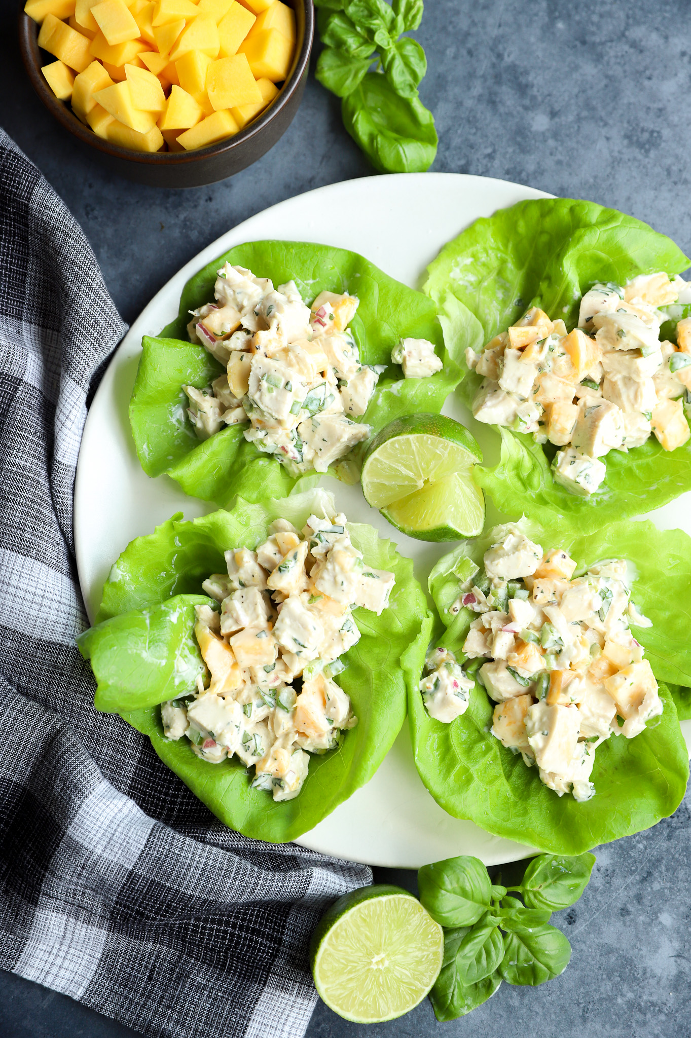 Image of mango chicken salad in lettuce leaves