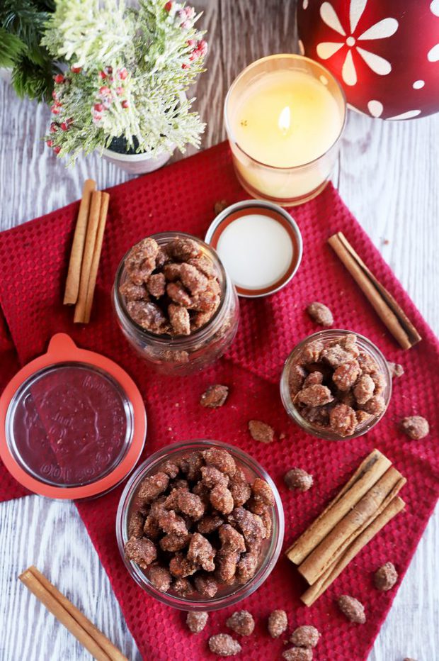 Overhead image of crockpot cinnamon almonds