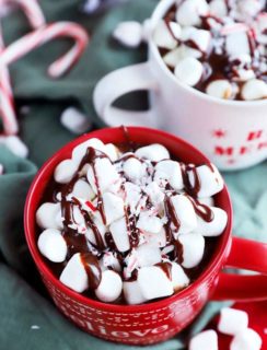 Overhead image of hot chocolate in mugs