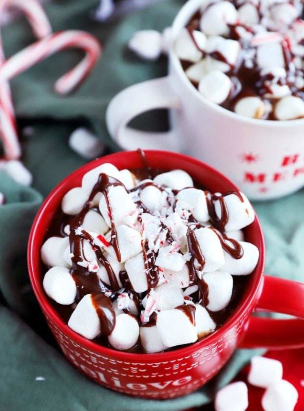 Overhead image of hot chocolate in mugs