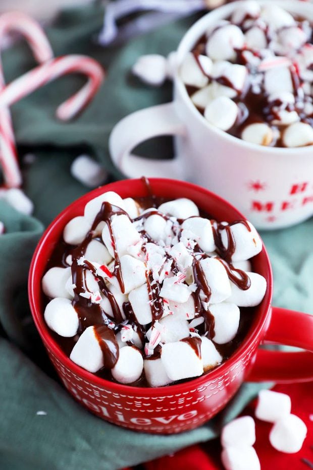 Overhead image of hot chocolate in mugs