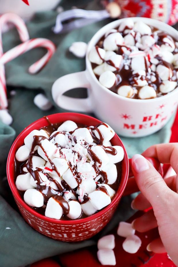 Hand holding mug with hot chocolate and marshmallows image