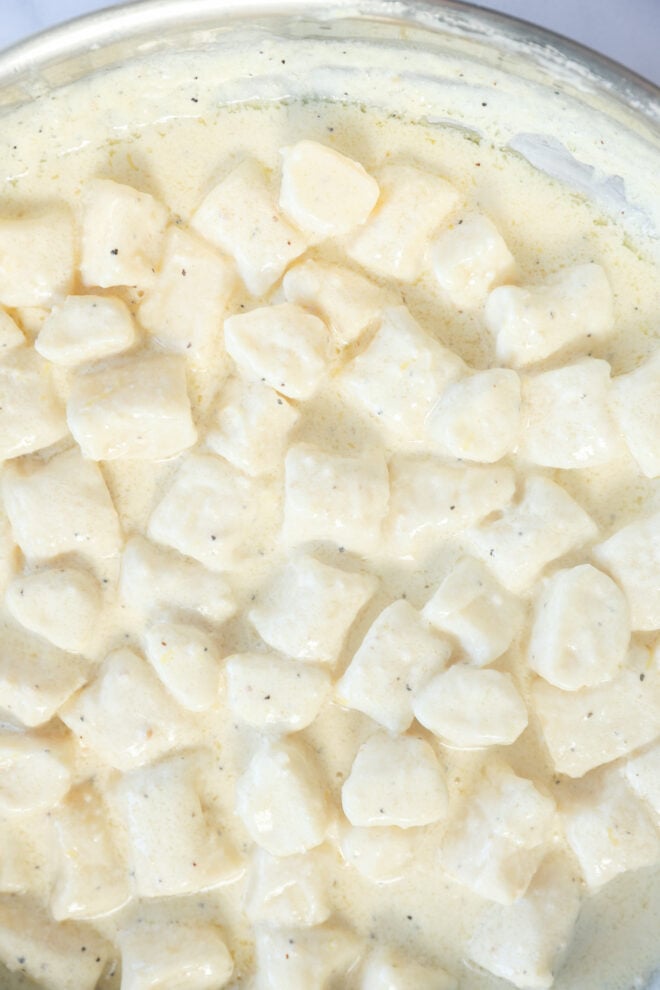 Close-up of gnocchi di ricotta pasta coated in a creamy white sauce with visible black pepper specks.
