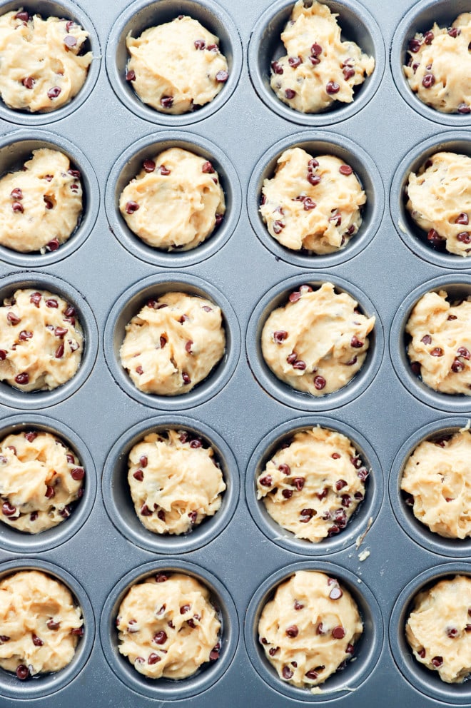 Banana mini muffins batter in mini muffin tin