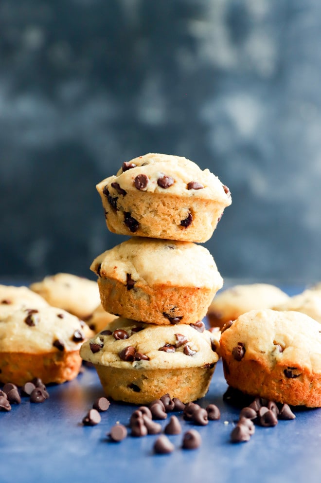 Stack of banana mini muffins with chocolate chips