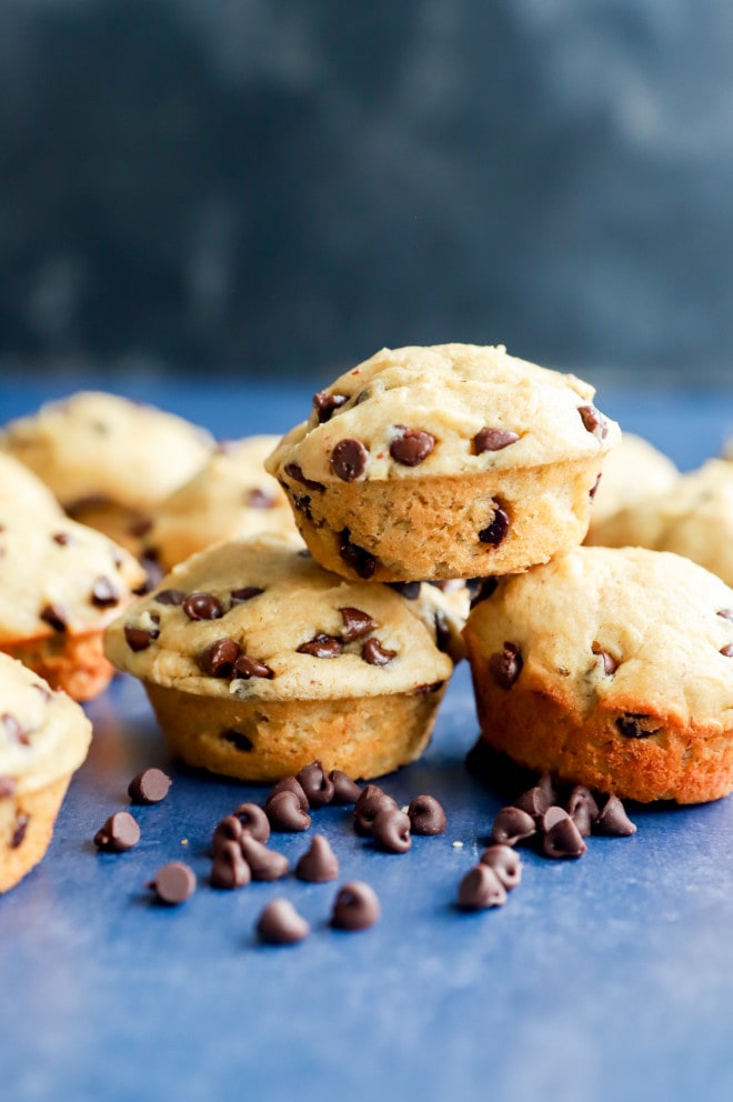 Stack of mini muffins with chocolate chips and banana