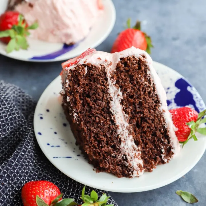 Picture of chocolate cake on plate with strawberries