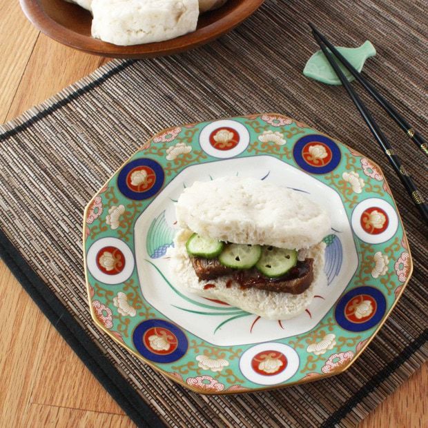 Steamed Buns with Braised Pork and Quick Pickled Cucumbers