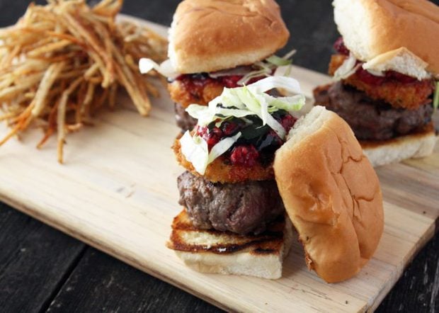 Beef Sliders with Fried Goat Cheese, Smashed Raspberries, and Balsamic