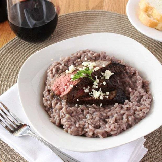 Red Wine Risotto with Steak and Blue Cheese