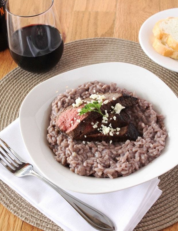 Red Wine Risotto with Steak and Blue Cheese