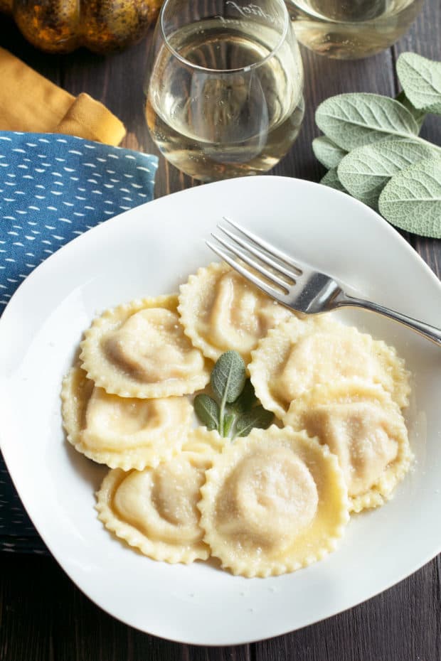 Pumpkin Ricotta Ravioli with Brown Butter Sage Sauce | cakenknife.com #pasta #ravioli #homemade #recipe