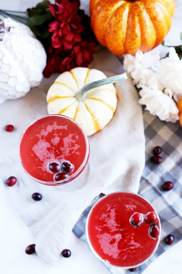 Overhead picture Thanksgiving cocktail in coupe glasses