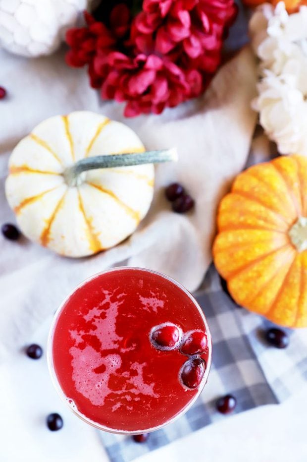 Picture of one cocktail with cranberries and pumpkins