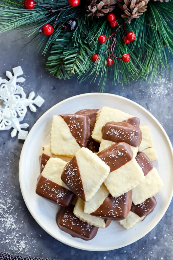 Milk chocolate dipped shortbread cookies plate