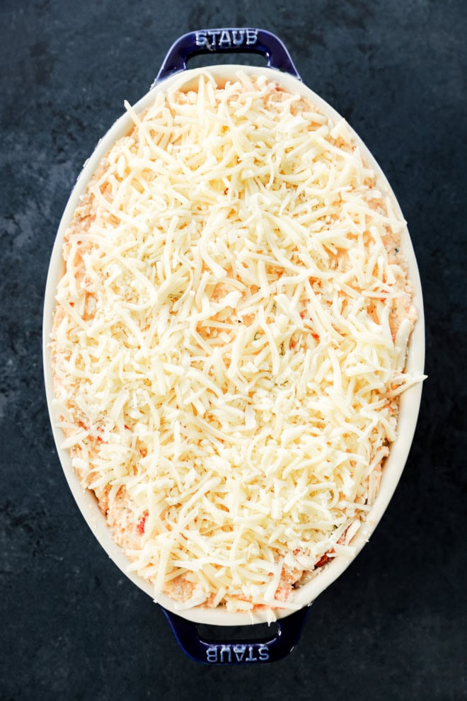 four cheese pizza dip recipe in dish before baking