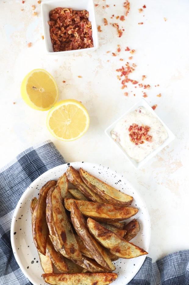 Overhead image of aioli and fries