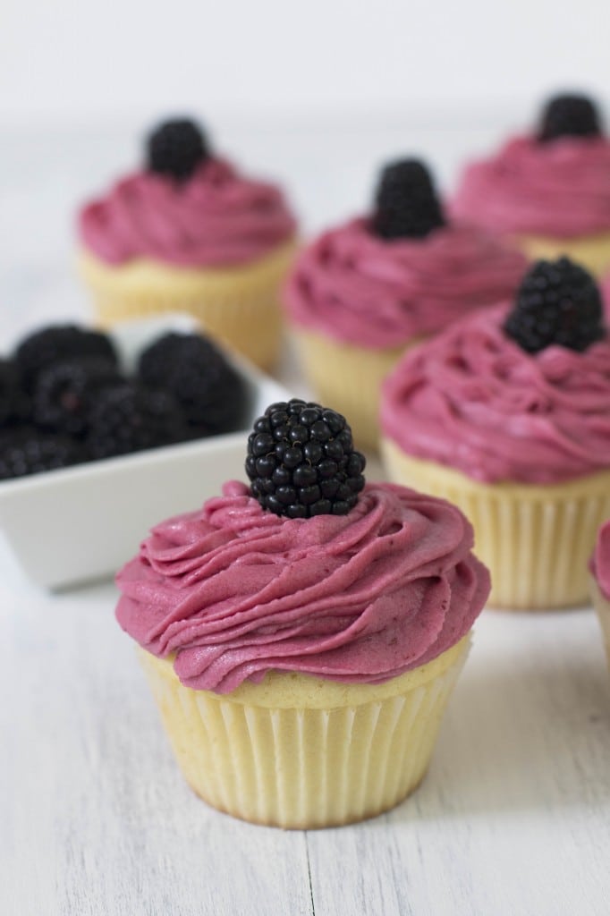 Vanilla Cupcakes with Lemon Curd and Blackberry Frosting 