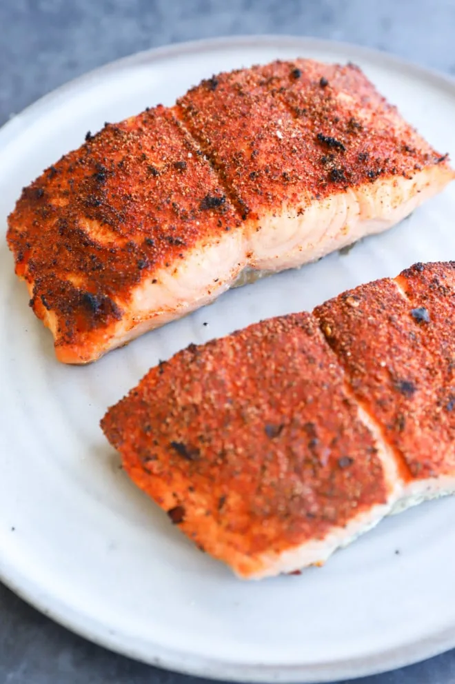 Broiled salmon fillets on a plate picture