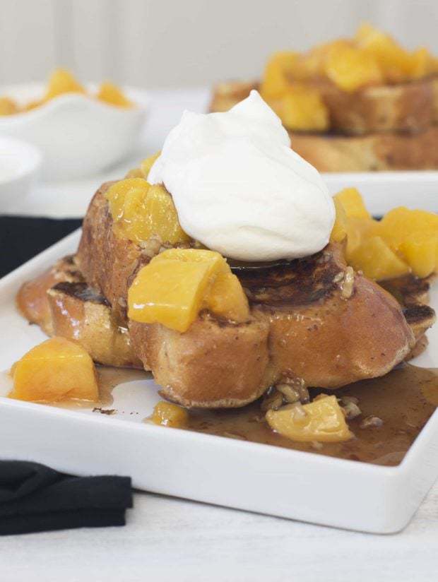 Roasted Peaches n Cream French Toast with Toasted Pecan Maple Syrup