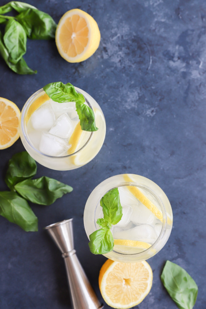 Overhead image of cocktails in glasses