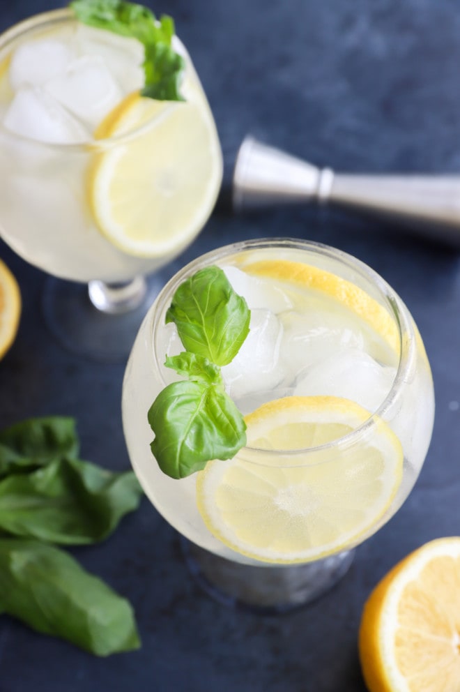 Picture of large goblet with lemon basil cocktail