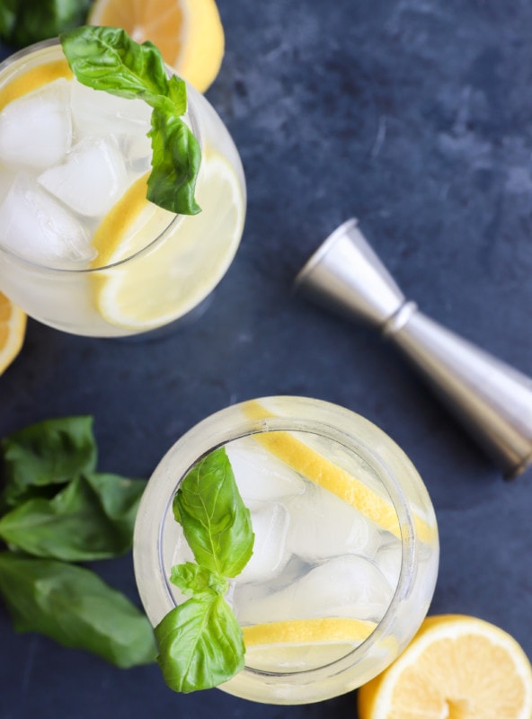 Overhead image of lemon basil cooler cocktails in glasses