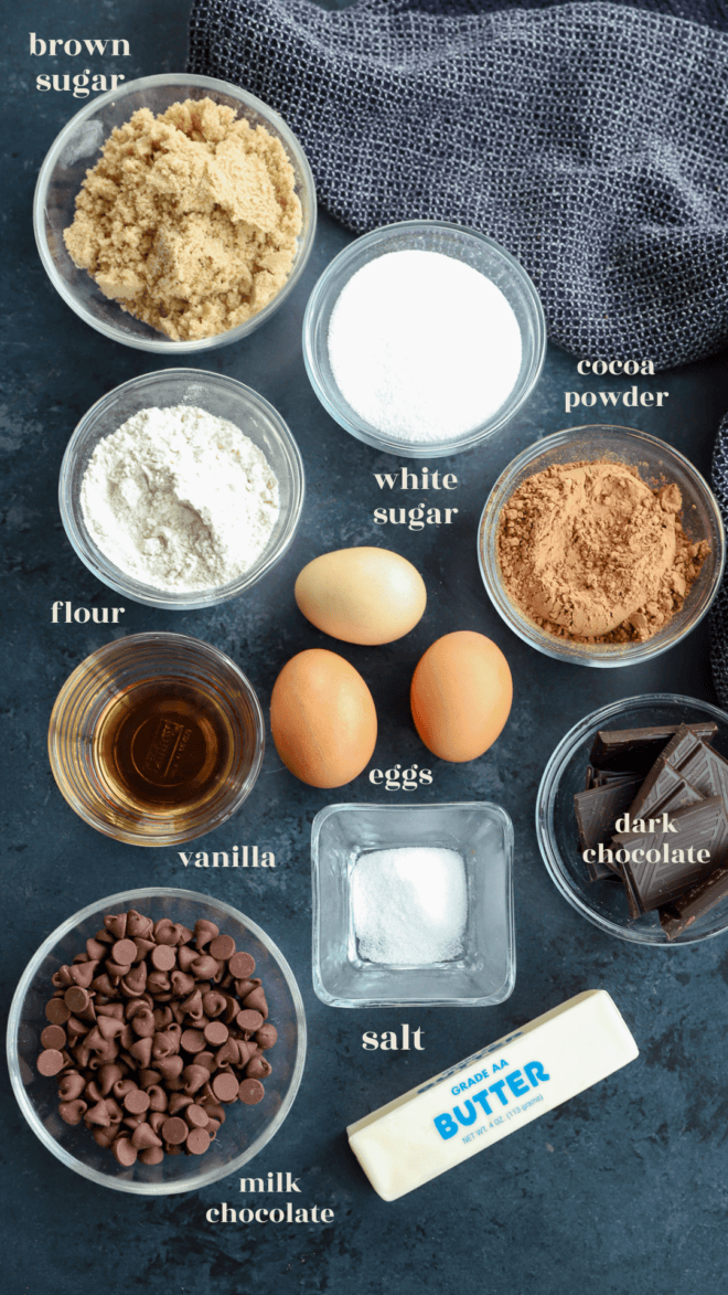 Triple chocolate brownies ingredients image with text