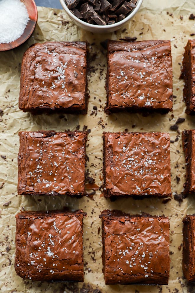 Triple chocolate brownies on parchment paper