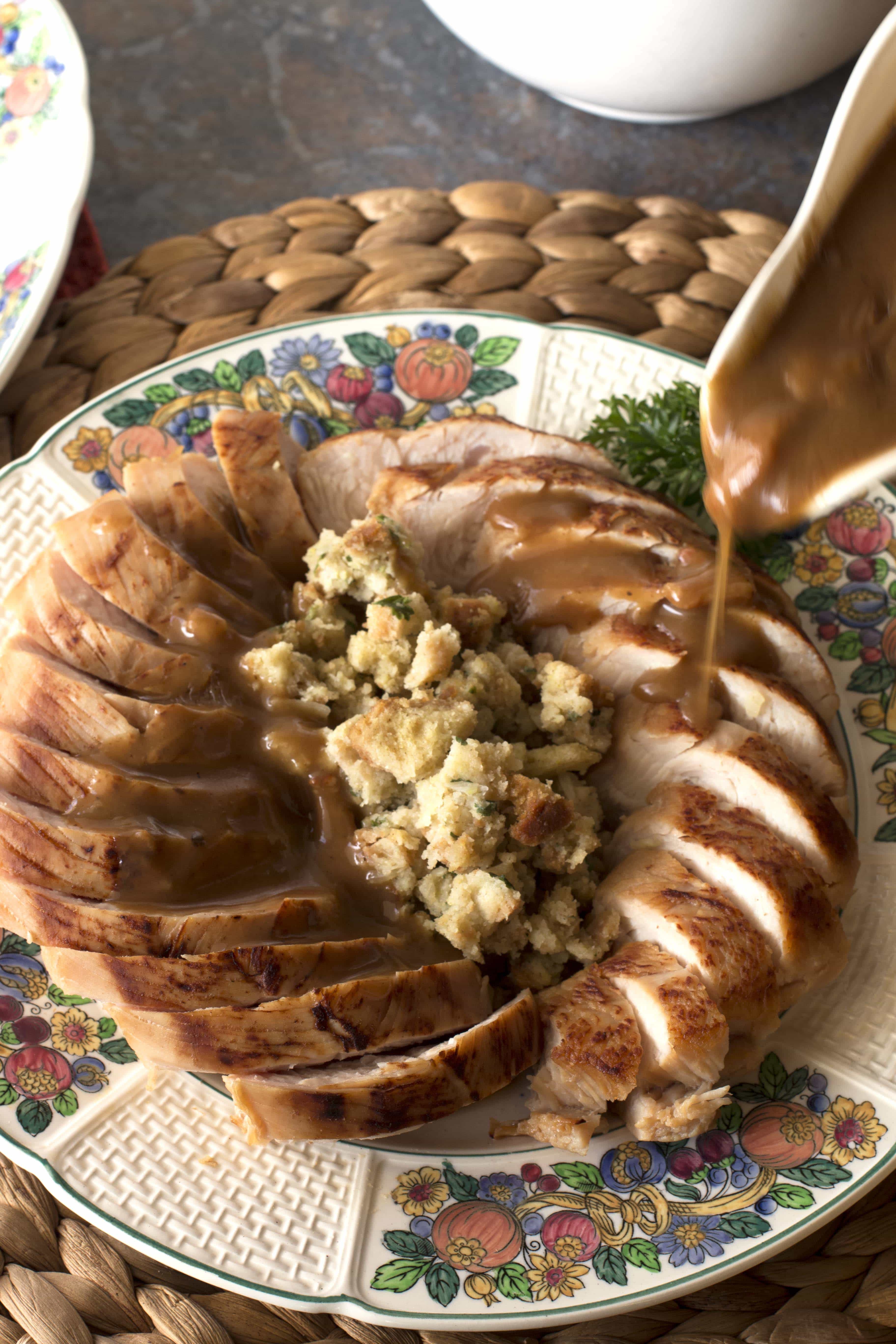 Beer Brined Turkey Breast with Bacon Gravy Cake 'n Knife