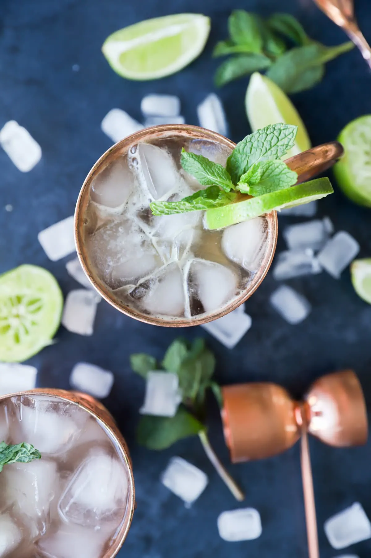 Overhead image of bourbon mule in copper mugs