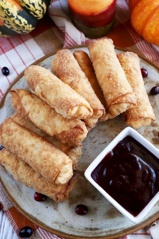 Overhead photo of thanksgiving leftover egg rolls