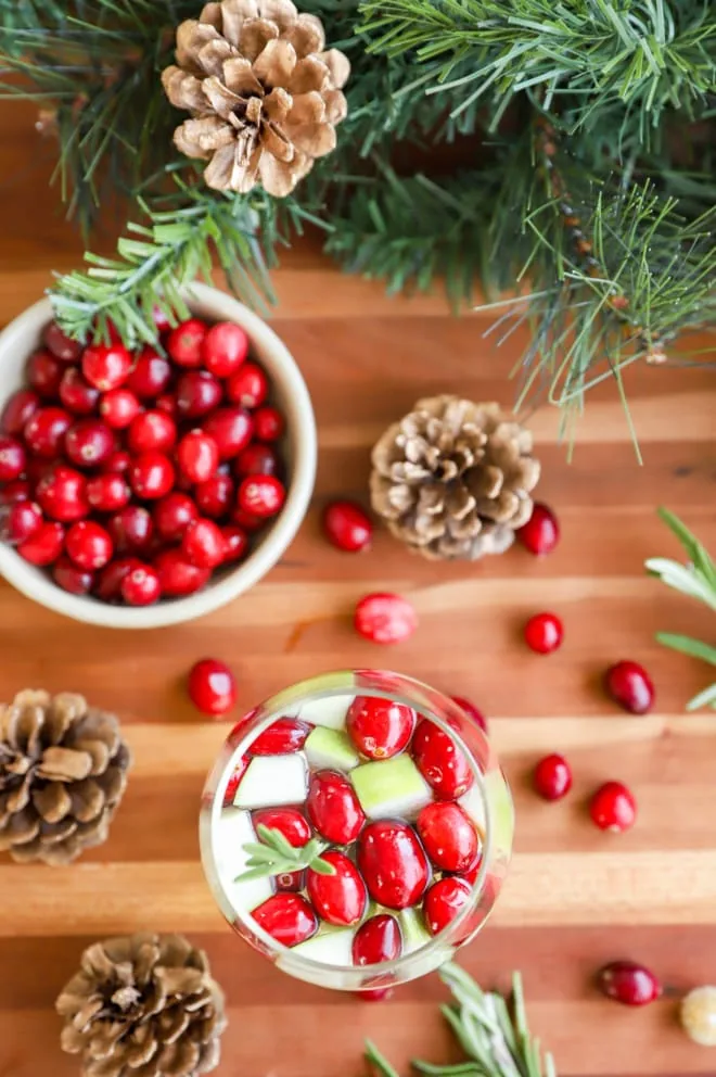 holiday cocktail with fresh cranberries and apples