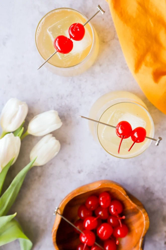 Overhead image of whiskey sour cocktails