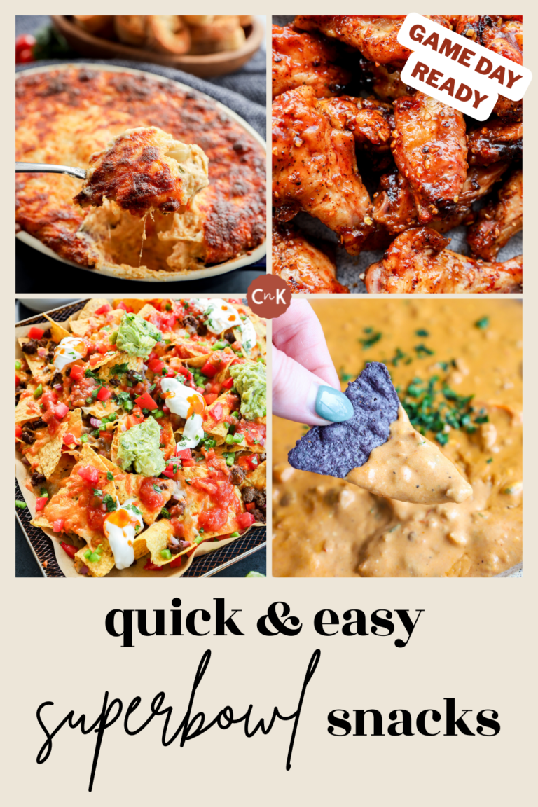A collage of four dishes: cheesy dip with a chip, saucy chicken wings, loaded nachos with toppings, and a blue corn chip dipped in queso. Text reads “quick & easy super bowl recipe snacks” and “game day ready.”.