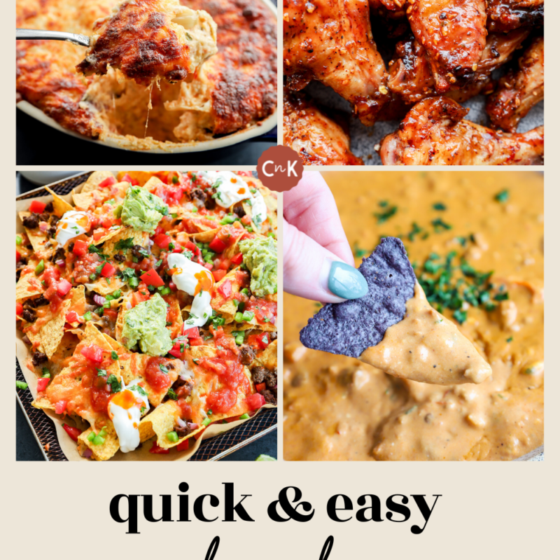A collage of four dishes: cheesy dip with a chip, saucy chicken wings, loaded nachos with toppings, and a blue corn chip dipped in queso. Text reads “quick & easy super bowl recipe snacks” and “game day ready.”.