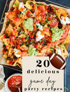 A tray of loaded nachos topped with salsa, guacamole, and sour cream sits on a table. A bowl of salsa and lime wedges are nearby. Text overlay reads, 20 delicious Super Bowl recipe ideas with a football graphic.