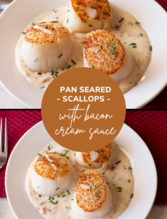 Pan Seared Scallops with Bacon Cream Sauce Pinterest Graphic