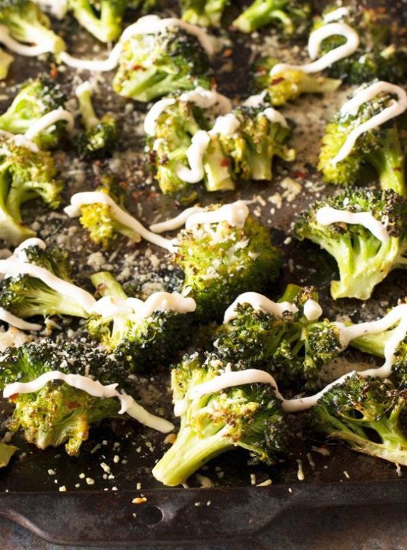 Crispy Roasted Broccoli with Garlic Cream Sauce | cakenknife.com