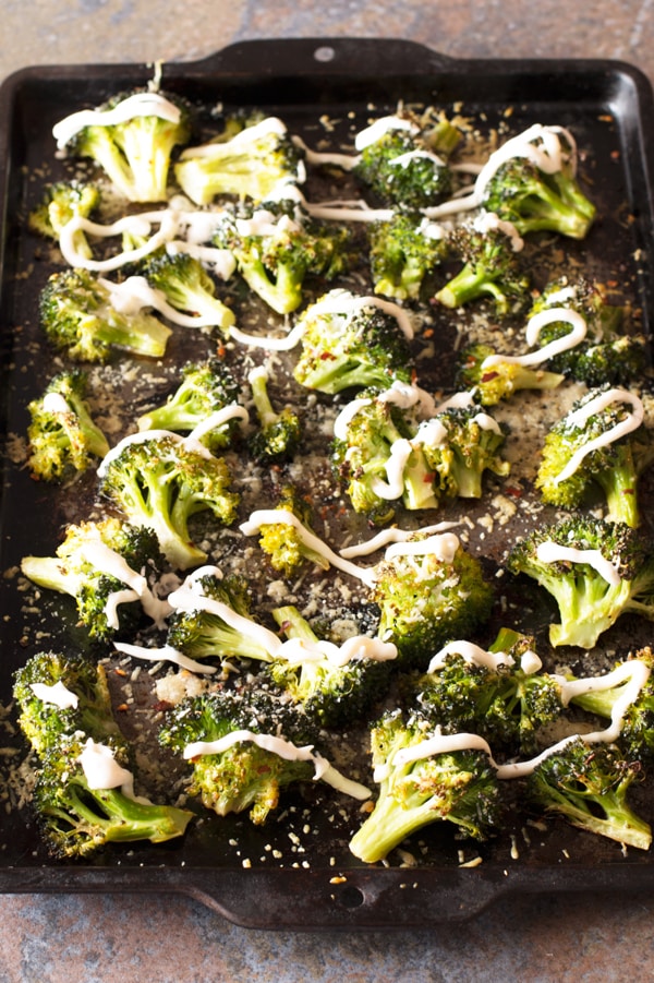 Crispy Roasted Broccoli with Garlic Cream Sauce - Last Minute Thanksgiving Recipes | cakenknife.com