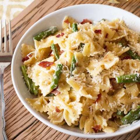 Creamy Brown Butter Farfalle with Asparagus and Crispy Prosciutto | cakenknife.com