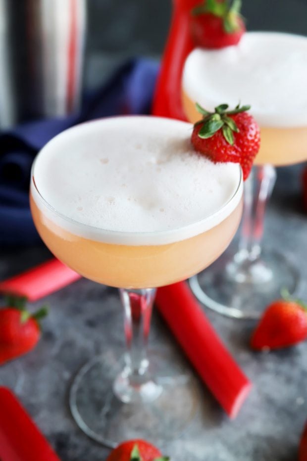 gin cocktail made with strawberries and rhubarb